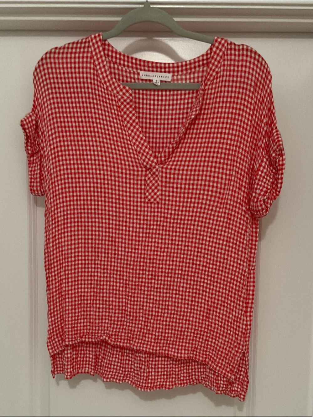 Jane and Delancey Red and White Gingham V-Neck Top